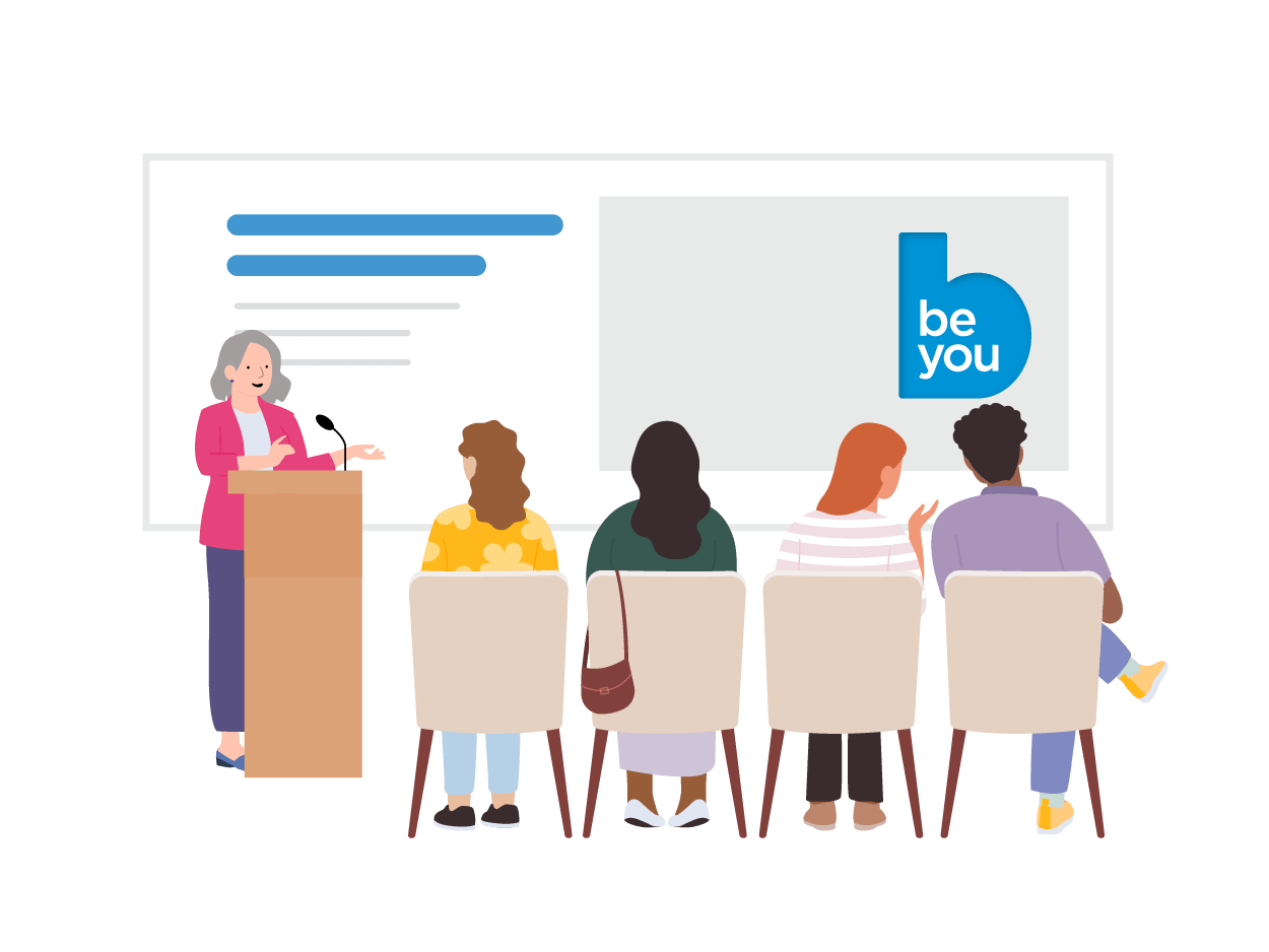 Illustration of person presenting to fellow educators as part of an action team.