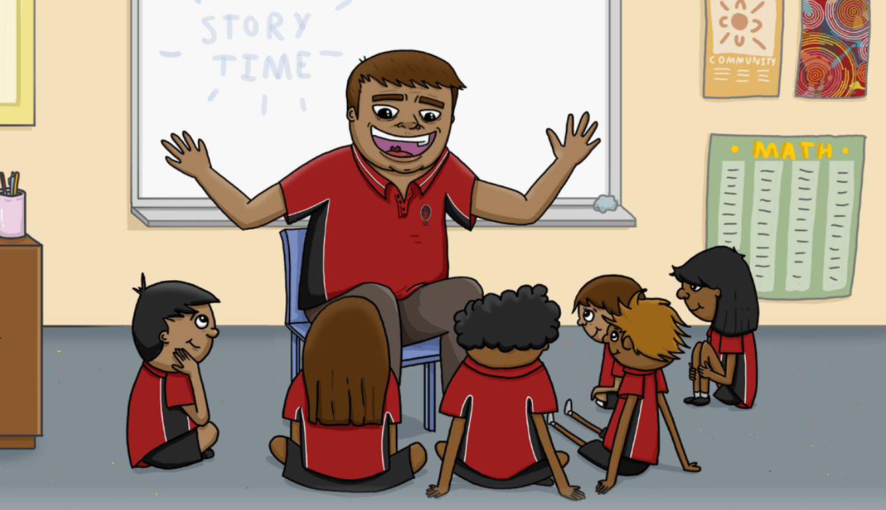 An illustration of an Aboriginal and Islander Education Officer seated in a classroom, telling a story to a group of school children.